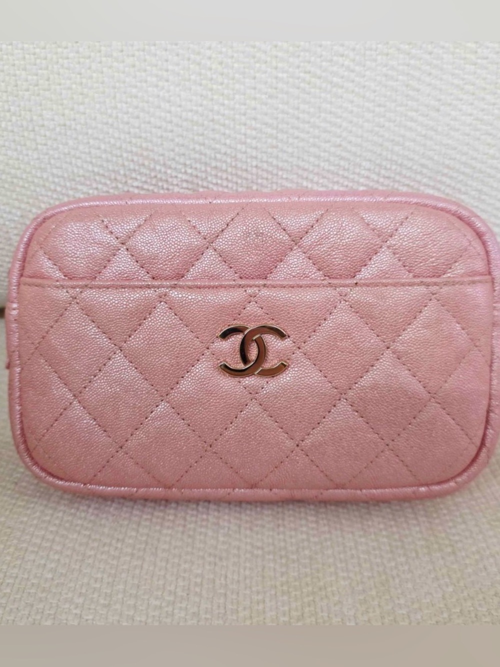 CHANEL 19S Pink Iridescent Quilted CC Logo Camera Bag with Light Gold Hardware